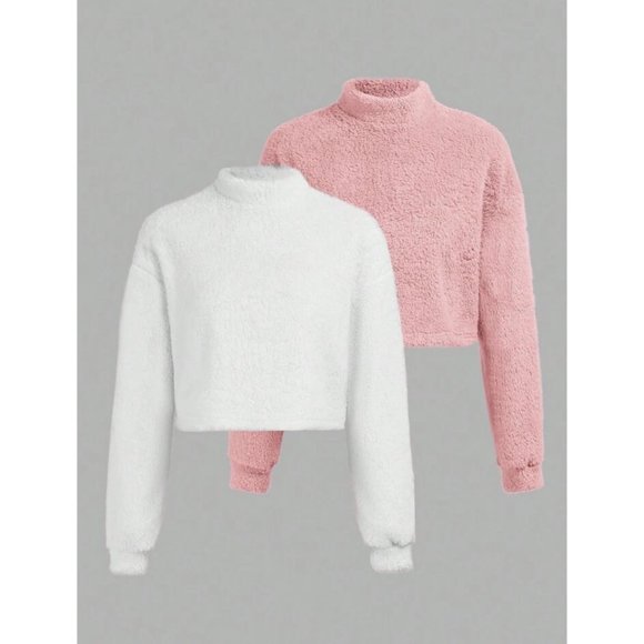 NEW (2) Solid Color Mock Neck Cropped Plush Sweaters Pink/White L - Picture 1 of 8
